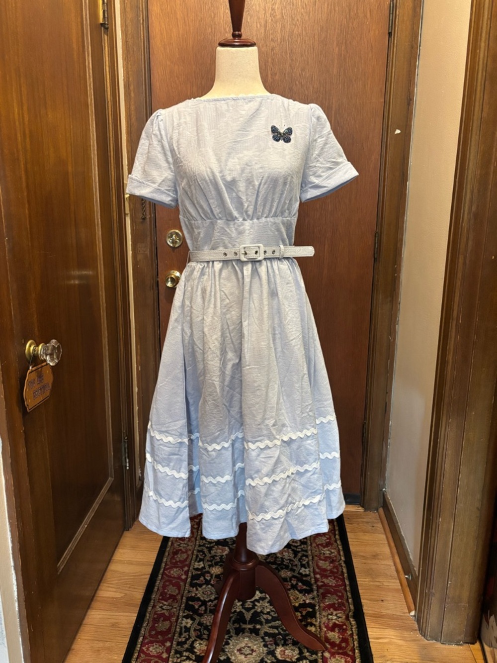 Unique Vintage Light Blue Midi Dress with White Trim